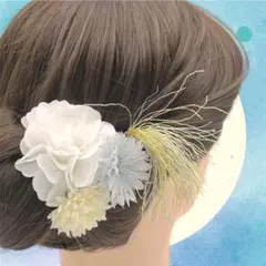 ♡ 和装髪飾り❁ホワイト×ブルー×水引風パーツ付き 上品　浴衣　和装　ヘアアクセ