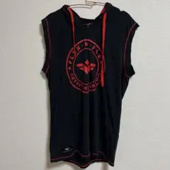 【 XL 】フード付き ノースリーブ パーカー トップス 黒 赤