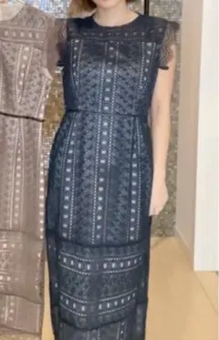 【Luxe brille】バックリボン編み上げ総レースワンピース（ネイビー）