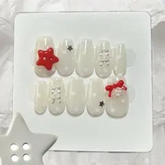 ネイルチップ つけ爪 韓国 ドット リボン 星 赤 ウィッシュコア バレエコア