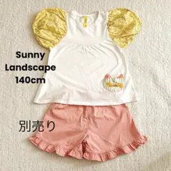 Sunny Landscape 猫ポケット花柄パフスリーブTシャツ 140cmのサムネイル