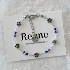 ブルー × クリア × お花ビーズ ｜ビーズブレスレット｜ハンドメイド