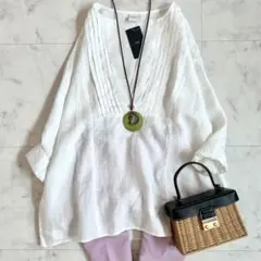 タグ付 ドアーズ 麻100% リネン ピンタックVネック ブラウス 白 F