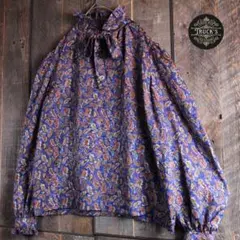 古着　ヴィンテージシャツ　ペイズリー　光沢　リボン襟　プルオーバー　青