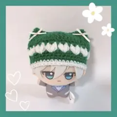 ちびぐるみ ぬい服 ぷっくりハート 猫耳ニット帽 緑×白 編み物