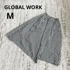 グローバルワーク フレアスカート ミディ丈 M 黒 白 ギンガムチェック 麻混のサムネイル