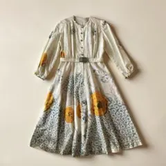 花柄オレンジモチーフ長袖ワンピース　昭和レトロ　古着女子　春　70s