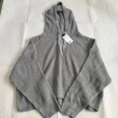グレー フード付き クロップドニットセーター XL