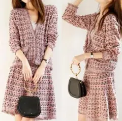 【韓国系】ツイード風ニット セットアップ ピンク M相当