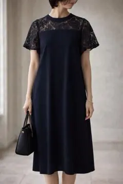 新品タグ付き 東京ソワール ダークネイビー レース切替ワンピース フォーマル