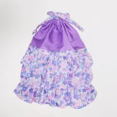 ♡フラワー リボン パープル♡ ライラック 花柄&フリル お着替え袋 給食袋