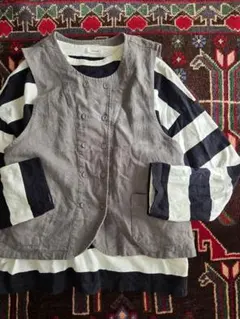 ツクル&リン多ボタンベストLL/グレー/リネンコットン