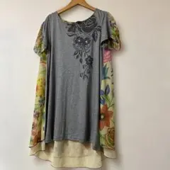 アルベロベロ OLLEBOREBLA ぶたさんカットソー 花柄チュニック グレー