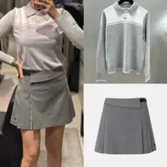 PXG レディース ゴルフウェア 長袖ニットポロシャツとスカートのセット グレー