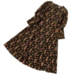 美品 ローラアシュレイ 花柄 コーデュロイ ロング ワンピース 9 レトロ