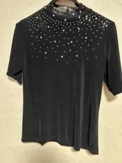 トップス 半袖 ブラック ビジュー ラインストーン ハイネック きれいめ