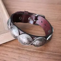 Buffalo concho leather bangle, brown, genuine leather, antique, retro.