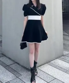 rienda テーラードカラーミニフレアハーフニットワンピース