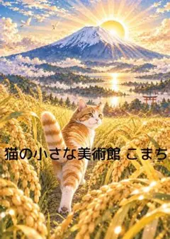 虹の富士山と桜丘の猫 開運絵画 228【招き猫と富士山】桜と黄金の光に包まれた招福の風景 デジタル