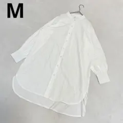 透け感 バンドカラー サイドスリット 長袖 シャツワンピース 無地 ホワイト M