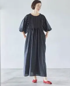 【N.M様】　ゆったりストライプワンピース 黒 バルーン袖 リネン混 ロング
