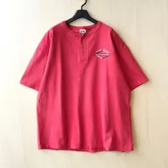90s古着　ヴィンテージ　ヘンリーネックTシャツ　ロゴ刺繍　ワンポイント