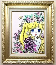 F6号】水森亜土（flower girl ）手描き作品/表裏サイン/油彩/額縁