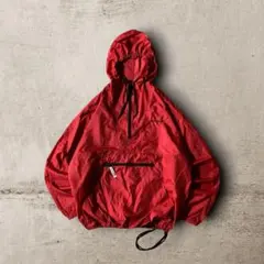 vintageアノラックパーカーナイロンジャケット刺繍ロゴドローコードレッドXL