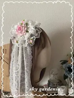 ♡ホワイトダブルレースピンク薔薇 クリスマス円形ヘッドドレス ロリータゴスロリ♡
