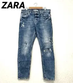 【ZARA】 ボタンフライ クラッシュデニム EUR40 ライトブルー スキニー