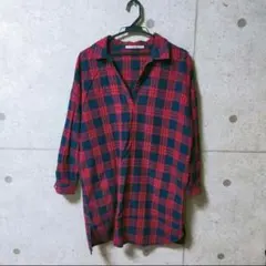 【M-L】アーバンリサーチ★丈長め★抜き襟★長袖★チェックシャツ★チュニック★赤