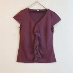 【ミッシェルクラン】 （M）Vネック フリルシャツブラウス 半袖 ワインレッド