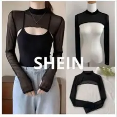 SHEIN シーイン メッシュボレロ 黒 モックネック サムホール S