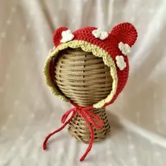 いちご　くま耳　ベビーボンネット　コットン　新生児　ニューボーン