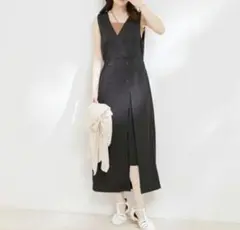 VIS Vネックスリットジャンパースカート ブラック