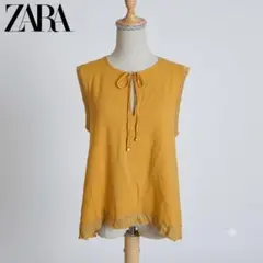 ZARA ザラ ノースリーブブラウス フレア リボン 抜け感 マスタード M