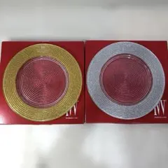 【未使用】IVV ガラスプレート ヘリックス ゴールド、シルバー2枚セット 大皿