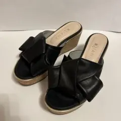 【ダイアナ】ミュール コルク厚底 レザーサンダル リボン　ブラック L