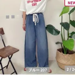 しまむら noooon デニムイージーパンツ ブルー　新品　タグ付き　Mサイズのサムネイル