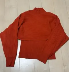 【美品】赤 リブ編み ハイネックセーター