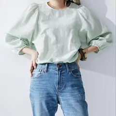 美品 BARNYARDSTORM 洗える リネンカフタンブラウス ミントグリーン 