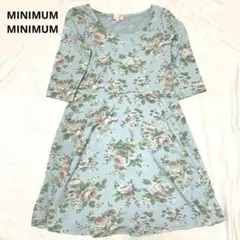 MINIMUM MINIMUM ワンピース　膝上　七分袖　花柄　レトロ柄　ブルー