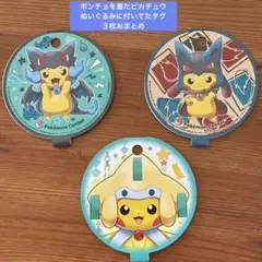 ポンチョを着たピカチュウ　ぬいぐるみのタグ　リザードン　ジラーチ　ルカリオ