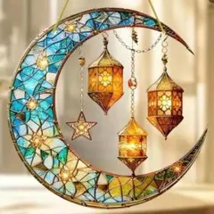 エキゾチックムーン　ステンドグラス風　サンキャッチャー　 ランタン 月 飾り 星