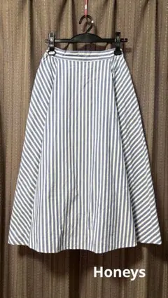 Honeys ストライプ　フレアロングスカート　水色×白　ウエストゴム