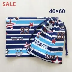 給食セット 巾着&ランチョンマット チームボーダー＊ブルー＊両紐6