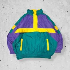 90sヴィンテージナイロンスナップTアノラックパーカー切替マルチカラー希少古着L