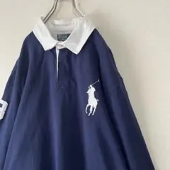 90's 古着 POLO ラルフローレン ラガーシャツ XXL ネイビー 刺繍