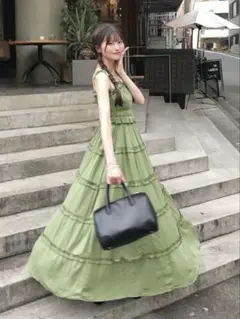 ティアードキャミワンピース ロング丈 グリーン GRL