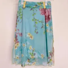 美品✨MORGAN フラワープリント フレアスカート 花柄 シフォン 水色 春夏のサムネイル